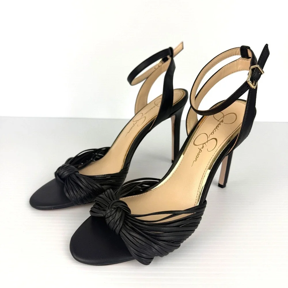 Jessica Simpson Womens Black Strappy Knotted Stiletto Heel Sandals Ankle Strap